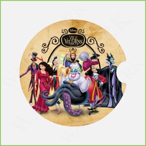 May include: A round, tan-colored coaster with a vintage look features a group of Disney villains. The villains include Ursula, Maleficent, Cruella de Vil, Captain Hook, and the Evil Queen. The text "Disney Vile Villains" is at the top of the coaster.