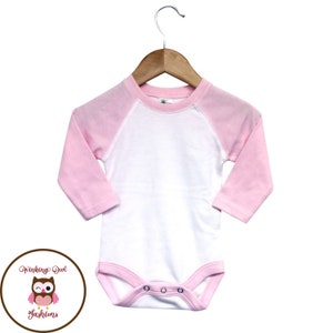 Sublimation Blanks - Infant Baby Long Sleeve Pink Raglan Bodysuit White Poly/Cotton Blend