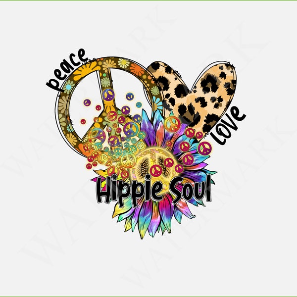 PEACE LOVE HIPPIE Soul 60's 70's Retro Vintage Eco-Solvent Heat Transfer Vinyl or Sublimation Printed Design