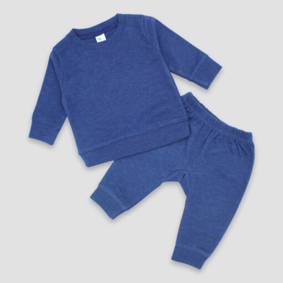 WinkingOwlDesignsLLC HTV / Screen Print / Embroidery Blanks - Baby / Infant Denim Blue Heather Long Sleeve Lightweight Pullover and Jogger Set Poly/Cotton Blend