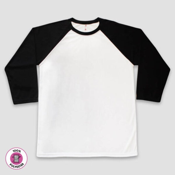 Sublimation Blanks - 100% Polyester ADULT White/Black Raglan T-Shirt X-S, Small, Medium, Large, X-Large, 2XL