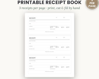 Receipt Book Printable | Payment Receipt Template 3 Per Page | Small Business Cash Receipt PDF | Instant Download