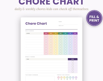 Chore Chart for Kids Printable | Editable Fillable Daily Weekly Chart | Reward Tracker | Instant Download