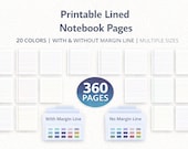 Printable Lined Notebook Pages | 20 Colors, Margin Options (Digital Download)