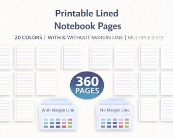 Printable Lined Notebook Pages | 20 Colors, Margin Options (Digital Download)