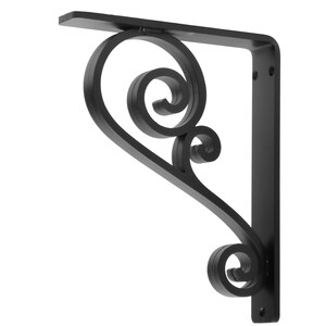 May include: Black metal shelf bracket with a decorative scroll design. The bracket is made of sturdy metal and has a classic, elegant look.