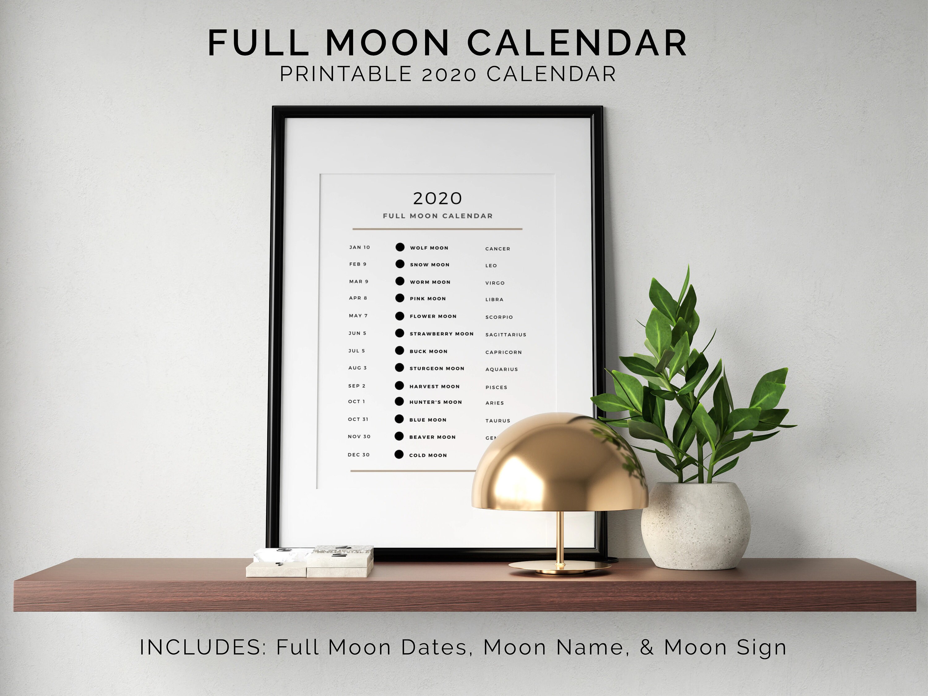 Printable Full Moon Calendar 2020 Moon Calendar Minimalist Etsy