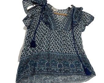 M.A.B.E. Haut à imprimé Viti pour femmes, petite taille, chemisier bleu blanc à pampilles