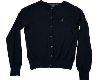 Polo Ralph Lauren Women's Navy Blue Merino Wool Crewneck Cardigan Sweater Medium