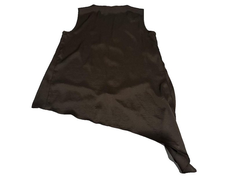 Peut inclure: Un haut sans manches marron fonc&eacute; avec un ourlet asym&eacute;trique. Le tissu a un l&eacute;ger &eacute;clat, sugg&eacute;rant du satin ou de la soie. C'est un v&ecirc;tement &eacute;l&eacute;gant, adapt&eacute; &agrave; diverses occasions.
