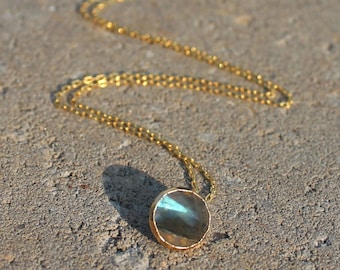 LABRADORITE GEMSTONE NECKLACE, Gray Blue Gemstone Necklace, 14K Gold Vermeil Flat Cable Chain Necklace, 16 or 18 inches