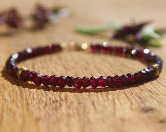 GARNET RED GEMSTONE Bracelet, Gold Rhinestone rondelle, January Birthstone, metabolism, detoxify