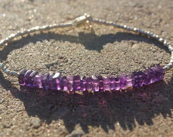 AFRICAN PURPLE  AMETHYST square Heishi beads, Hill Tribe Silver Bracelet, Violet Protective, spiritual, stress relief