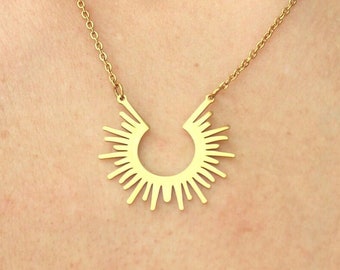 GOLD SUNBURST NECKLACE Vintage style 18k Gold pendant with 14k Gold Vermeil Flat Cable Chain Necklace