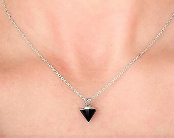 BLACK ONYX GEMSTONE Necklace, Sterling Silver Flat Cable Chain, 16 or 18 inches