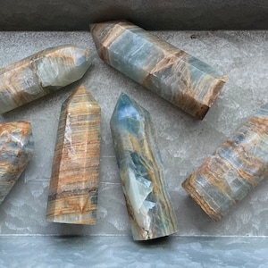 Your Choice! AQUATINE LEMURIAN CALCITE Rare Crystal Obelisk Polished Tower Points Spiritual Healing Third Eye Crown Throat Chakra Blue Gold