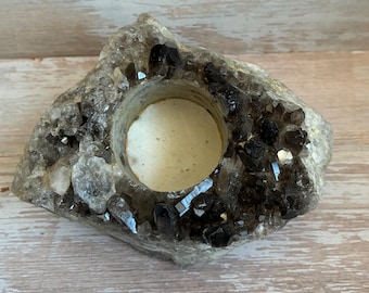 Smoky Quartz Gorgeous Rare Raw Crystal Tealight Large Candle Holder. Black Metaphysical and Spiritual Décor. Grounding Raw Stone Root Chakra