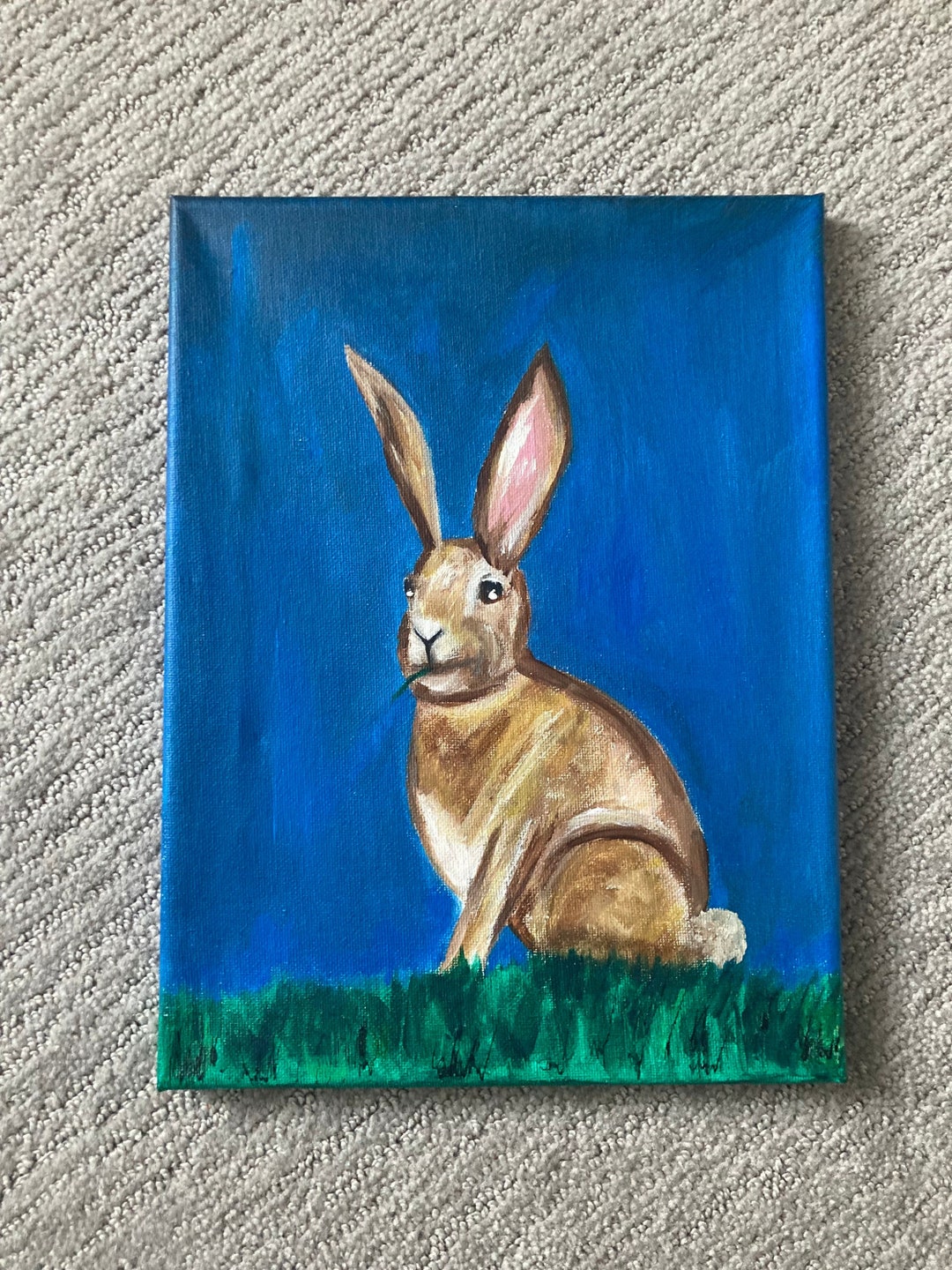 Original Acrylic Rabbit Painting: Blue & Green Animal Art (12x9) - Etsy