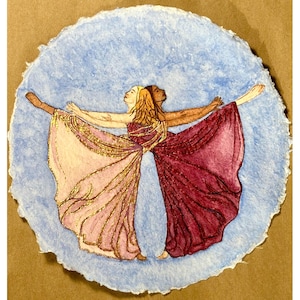 May include: Two figures in flowing gowns, one in pink and gold, the other in burgundy, are depicted in a watercolor painting. They are joined at the waist, their arms outstretched, against a blue background.