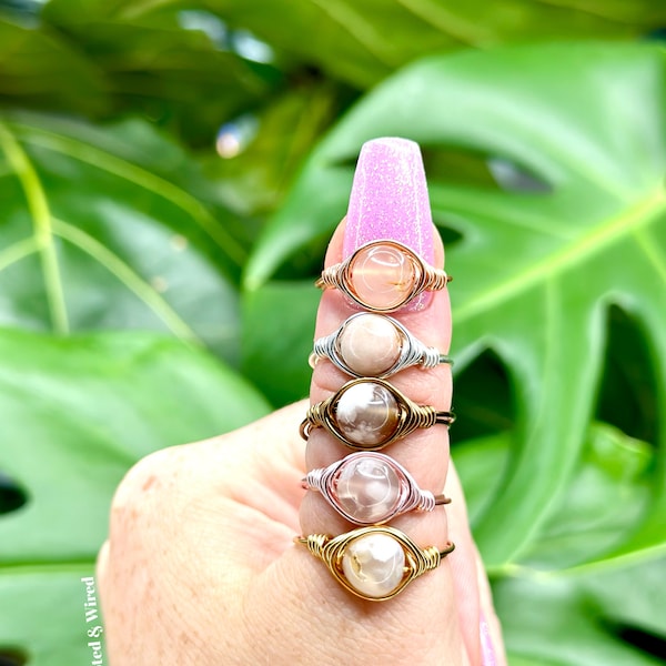 Flower Agate Ring, Sterling Silver Agate Ring, 14k Gold Agate Ring, Genuine Agate Crystal Ring, Agate Jewelry, Flower Agate Rings