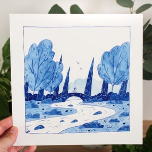 Bridge | 8x8 Art Print | Peachtober Print | Ink Painting Print