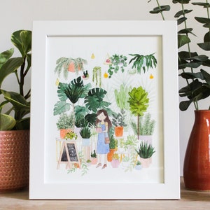 Girl in Plant Shop | 8x10 Art Print | Watercolor Art Print | Watercolor Painting