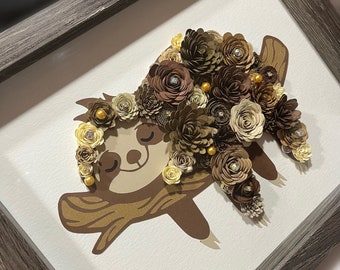 Sloth - Paper Flower Animals  - Shadow Box | Wall Art | 8” x 10” or 11” x 14” | Wall Decor