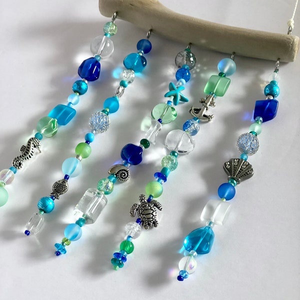 Beachy Beaded Suncatcher. - Glass and Metal Beads • Coastal Window decoration • Garden Decor •