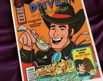 Versión en color naranja) Impresión artística de la caja de cereales The Last Drive In con Joe Bob Briggs