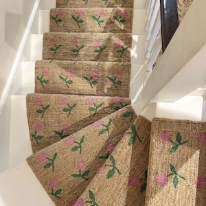 Jute Floral Stair Runner Rug | U Shape Scandinavian Style Jute Runner Carpet Runner for Stairs | Hallway Runner | Custom Length Runner