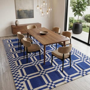 Handwoven Blue Checkered Indoor Rug for Luxury living room and Bedroom, Custom Size 8x10, 9X12, 6X9, 4X6 Rug Minimalist Flatweave Rug