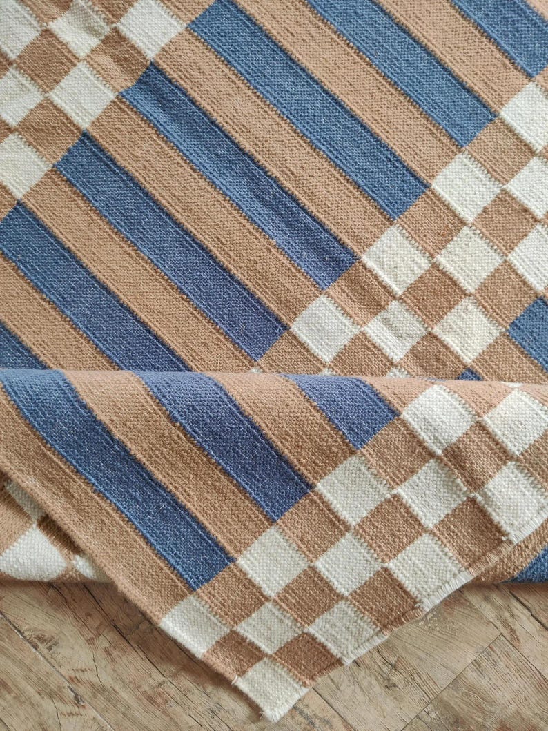 Striped and Checkered Modern Bedroom Rug for living room Bedroom, Indoor Flatweave Carpet, Handwoven 8X10, 9X12, 4X6, 6X9 FT Wool Rug