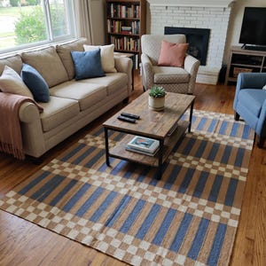 Striped and Checkered Modern Bedroom Rug for living room Bedroom, Indoor Flatweave Carpet, Handwoven 8X10, 9X12, 4X6, 6X9 FT Wool Rug