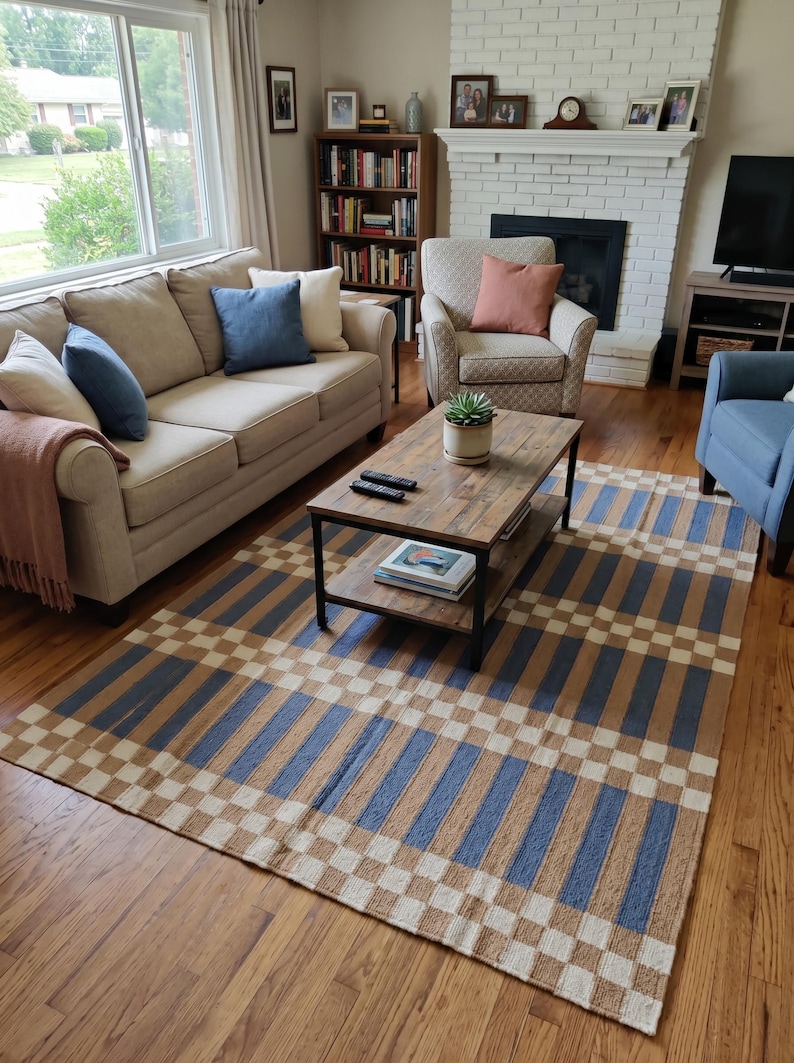 Striped and Checkered Modern Bedroom Rug for living room Bedroom, Indoor Flatweave Carpet, Handwoven 8X10, 9X12, 4X6, 6X9 FT Wool Rug