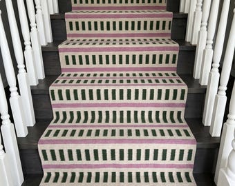 Minimalist Modern Pink and Green Runner Rug, Luxury Stair Runner Rug, Hallway Wool Flatweave Runner Rug, Custom Handmade Kitchen Runner