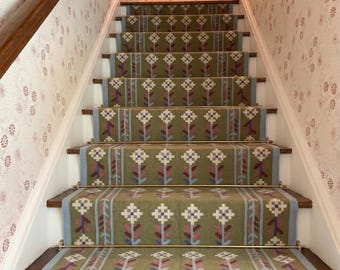 Tapis d'escalier personnalisé minimaliste floral vert | Tapis d'escalier en laine de luxe | Tapis de passage long | Tapis de passage 2,5 x 30, 3 x 15
