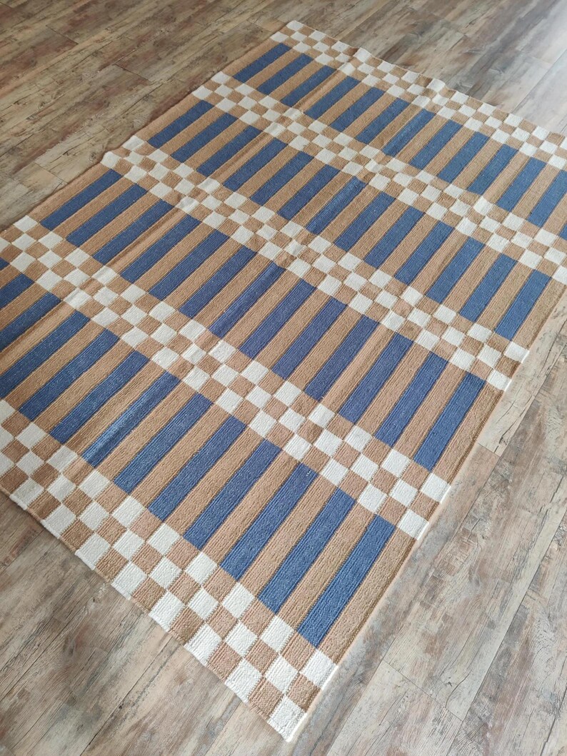 Striped and Checkered Modern Bedroom Rug for living room Bedroom, Indoor Flatweave Carpet, Handwoven 8X10, 9X12, 4X6, 6X9 FT Wool Rug