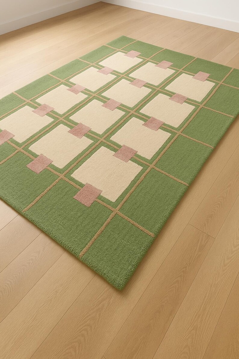 May include: A rectangular rug with a geometric pattern. The rug features a green border and a grid design in tan. Cream-colored squares are interspersed with small pink squares, creating a modern aesthetic.