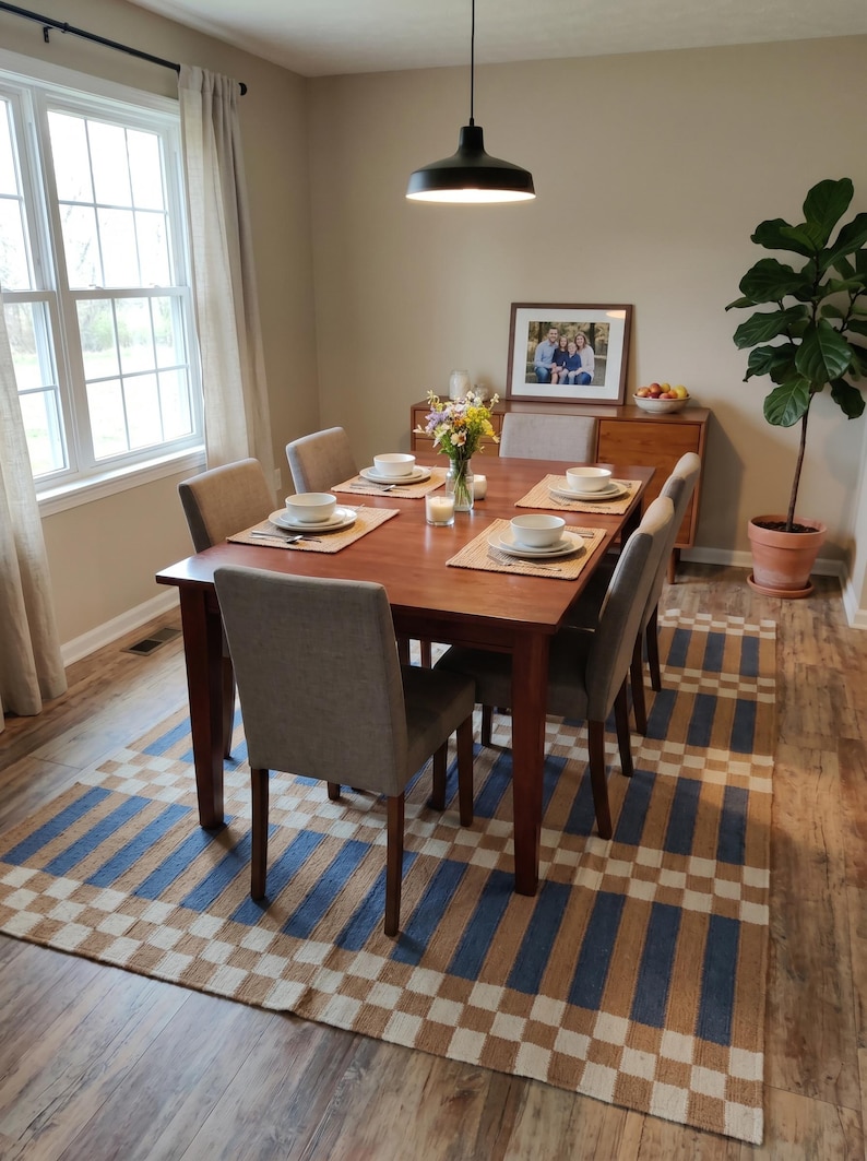 Striped and Checkered Modern Bedroom Rug for living room Bedroom, Indoor Flatweave Carpet, Handwoven 8X10, 9X12, 4X6, 6X9 FT Wool Rug