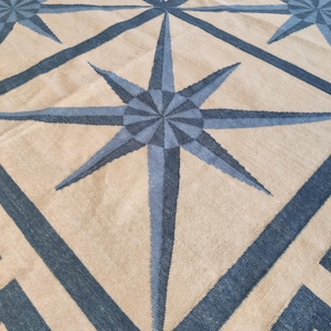 May include: A beige and blue patterned rug featuring a repeating starburst design. The stars are a gradient of blue shades, with a darker blue center and lighter blue points. The background is a neutral beige color.