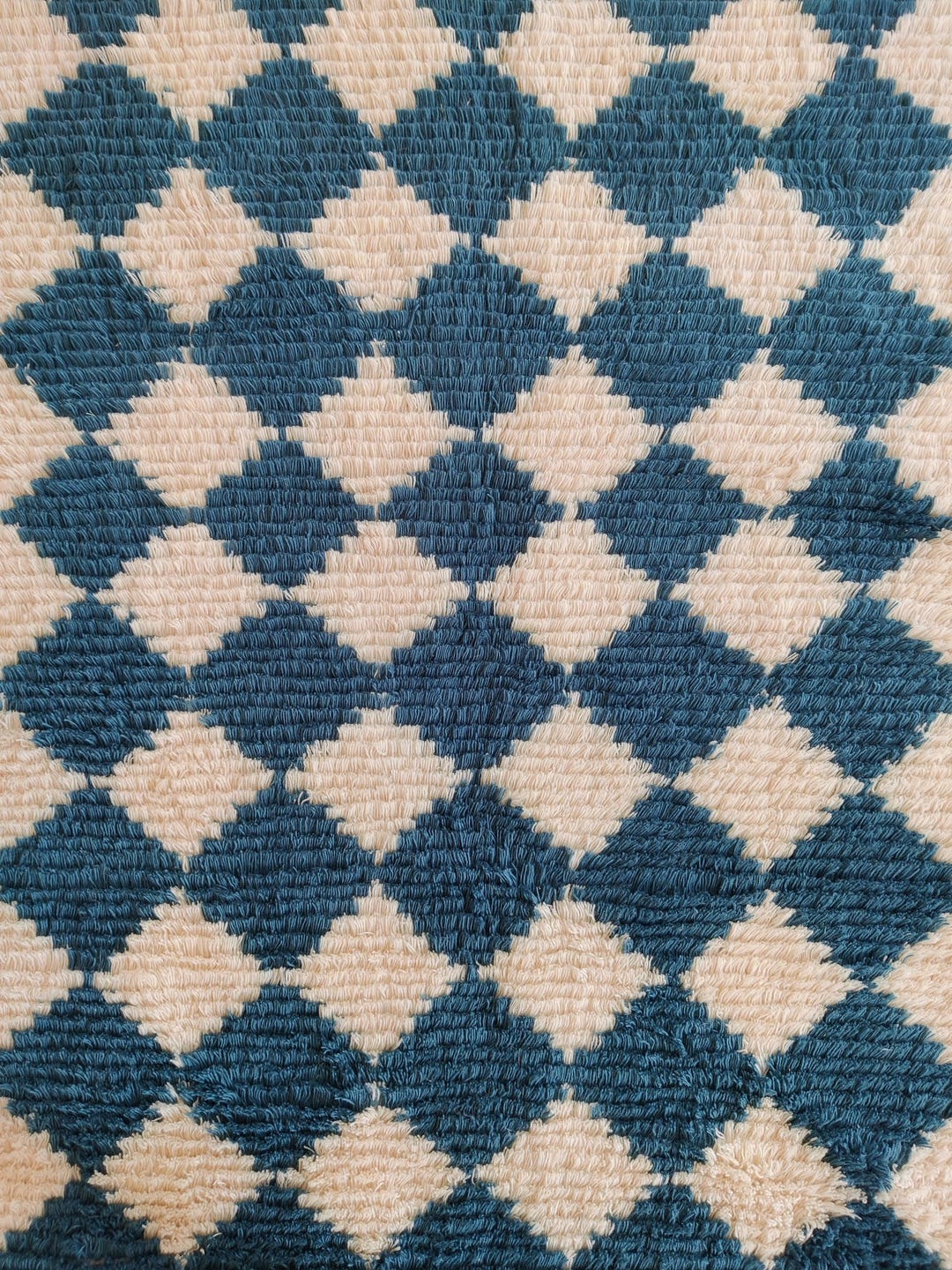 Blue Dimond Pattern Hand Knotted Wool Moroccan Shag Rug, Scandinavian ...