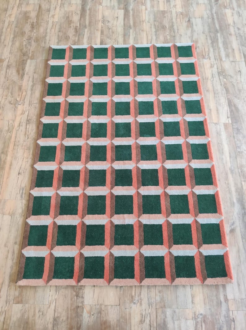 Geometric Pattern Wool Modern Carpet, Hand Tufted Wool Area Rug, Colorful Luxurious Designer Area Rug Living Room Bedroom 9X12 8x10 FT
