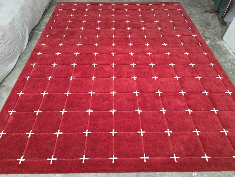 May include: A large, rectangular red rug with a grid pattern of white plus signs. The rug has a plush texture and is likely made of a soft material. The design is simple yet eye-catching, suitable for various interior styles.