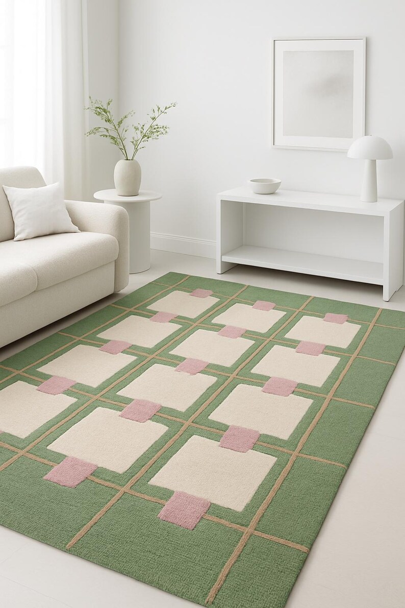 May include: A rectangular area rug with a geometric pattern. The rug features a green border and background, with beige squares and pink accents. Beige lines create a grid pattern over the green background.