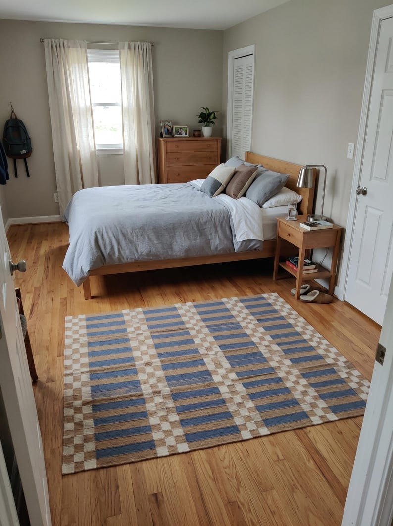 Striped and Checkered Modern Bedroom Rug for living room Bedroom, Indoor Flatweave Carpet, Handwoven 8X10, 9X12, 4X6, 6X9 FT Wool Rug