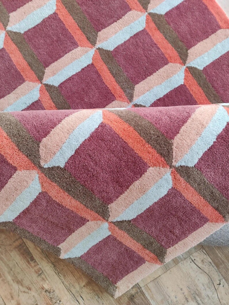 Geometric Pattern Wool Modern Carpet, Hand Tufted Wool Area Rug, Colorful Luxurious Designer Area Rug Living Room Bedroom 9X12 8x10 FT