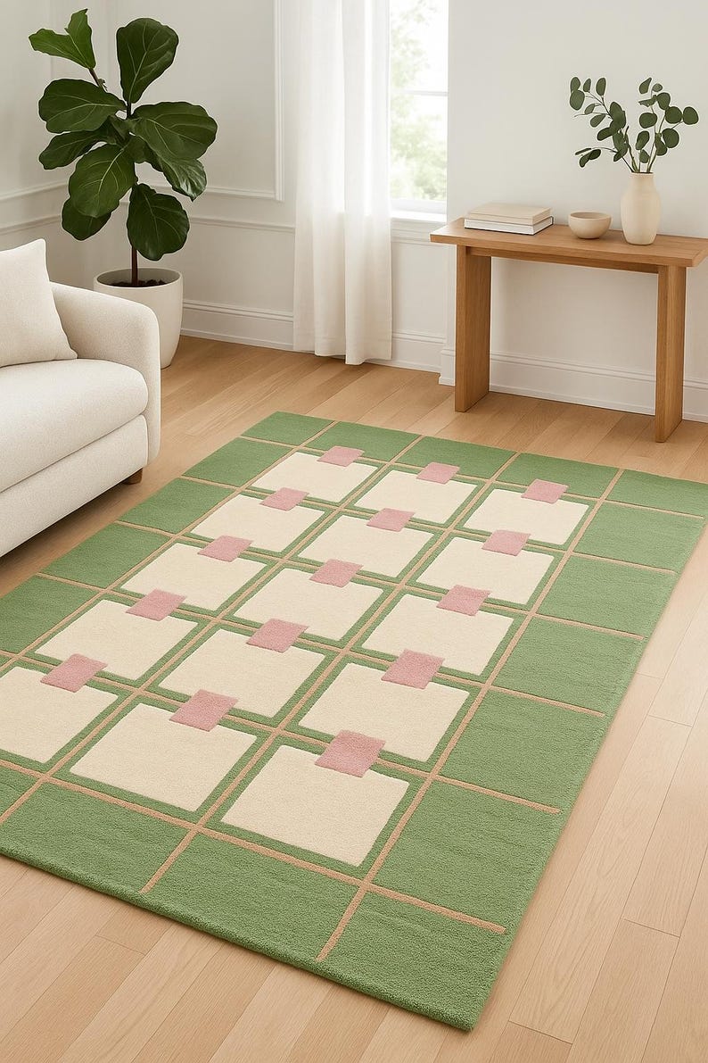 May include: A rectangular area rug with a geometric design. The rug features a green border and a grid pattern of cream-colored squares, accented with pink rectangles. The rug is placed on a hardwood floor.