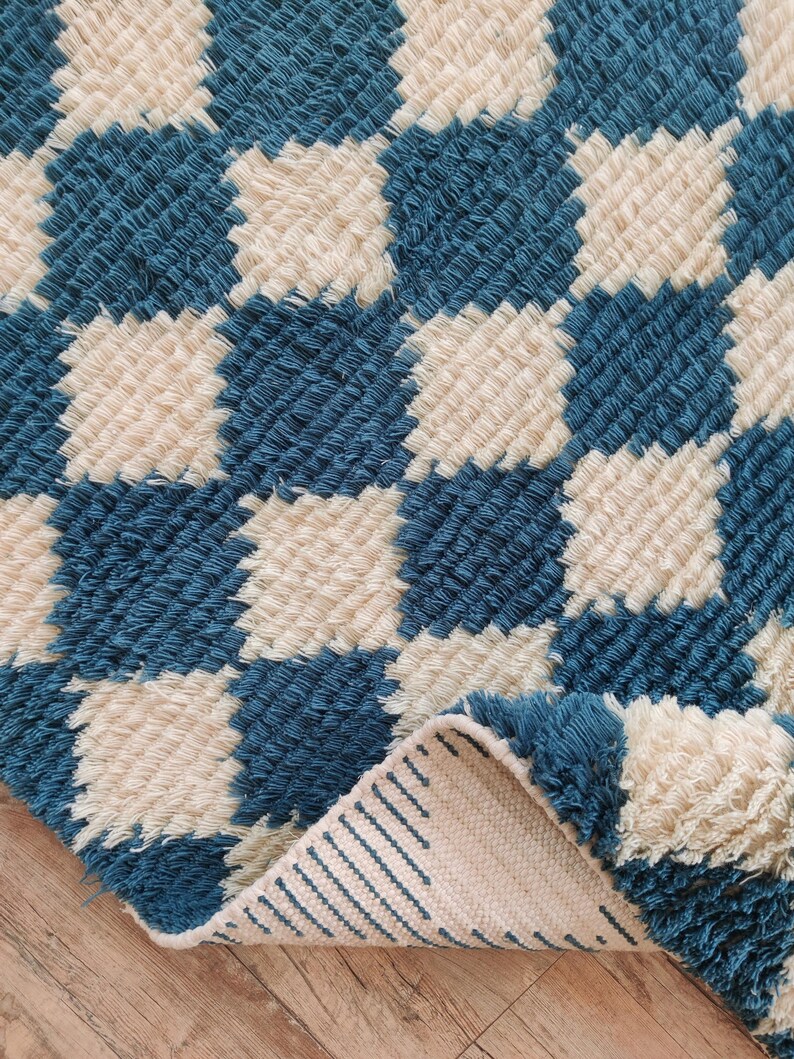Blue Dimond Pattern Hand Knotted Wool Moroccan Shag Rug, Scandinavian ...