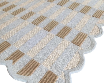 Blue Scalloped 8X10, 9X12 Hand Tufted Checkered Rug - Modern Area Carpet, Custom Size - Handmade Soft Rug for Living Room or Bedroom Decor