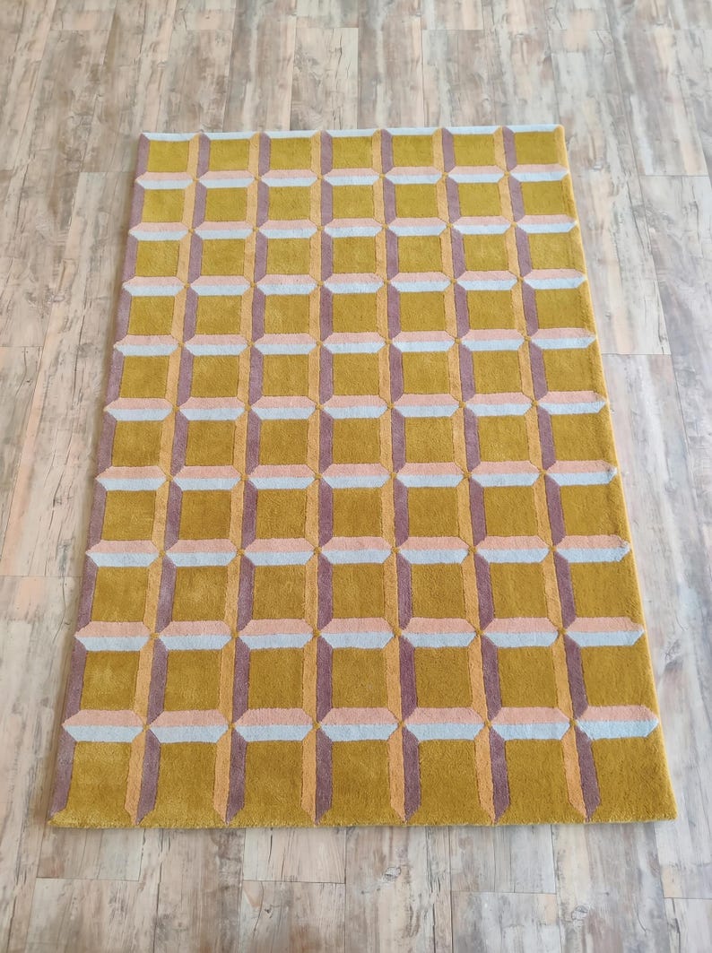 Geometric Pattern Wool Modern Carpet, Hand Tufted Wool Area Rug, Colorful Luxurious Designer Area Rug Living Room Bedroom 9X12 8x10 FT